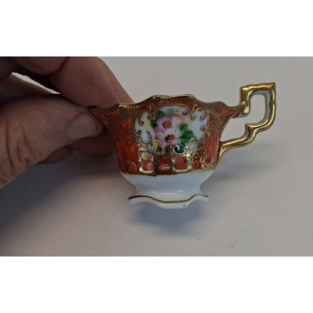 VTG  Japan Hand Painted Miniature Cup Saucer Red Gold Floral Porcelain 1920s-30s - Picture 6 of 12